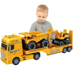 lonfypeng 3-in-1 Construction Truck Toy for Ages 3-6 – 25.6 Inch Extra-Large Semi-Truck with Lights & Sounds, Detachable Excavator and Light & Sound Dump Truck, Inertia Vehicle Set