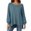 Long Sleeve Shirts for Women Asymmetrical Hem Ribbed Knit Tops Blue