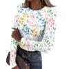 Long Sleeve Underscrub for Women Dressy Casual Floral Print Crew Neck Tops