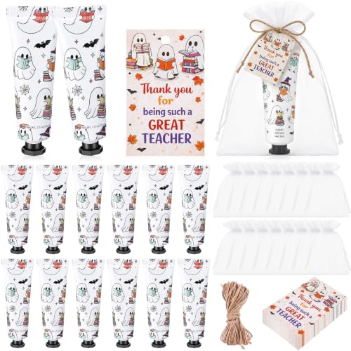 Loopeer 48 Set Teacher Halloween Gifts Mini Cute Ghost Reading Hand Cream Bulk with Thank You Teacher Cards Twine Organza Bags Travel Size Moisturizing Hand Lotion Halloween Party Favors Bookish Gifts