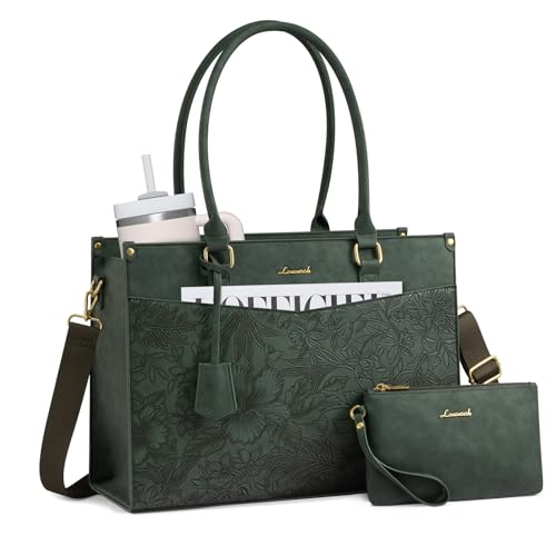 LOVEVOOK Laptop Bag for Women, 2-in-1 Tote Purse with Clutch & Cup Holder, Waterproof Briefcase for Work Travel, Large Capacity Structured Work Bag with Embossed Design 17.3 Inch, Green