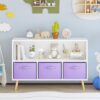 LOVEZOE Kids Bookcase with Collapsible Fabric Drawers – 3-Tier Children's Book Display & Toy Storage Cabinet Organizer – White/Purple – Anti-Tip Wall Anchor Included