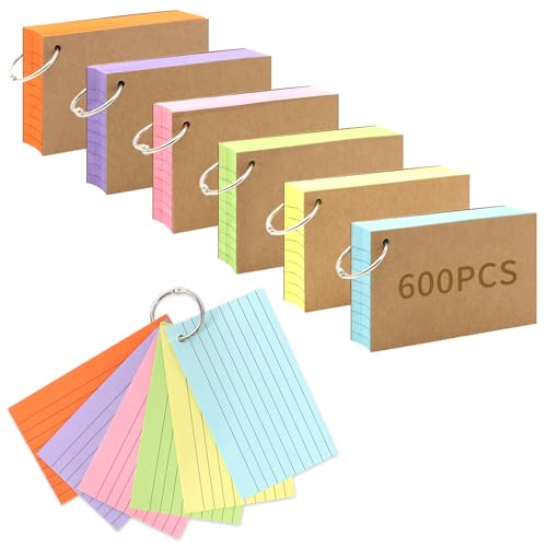 Lovppy 600PCS Index Cards,3x5 Inches Colored Flash Cards with Ring, Punched Lined Flashcards Ruled Index Cards Notecards Study Cards Heavy Note Cards for Studying, Learning, School, College