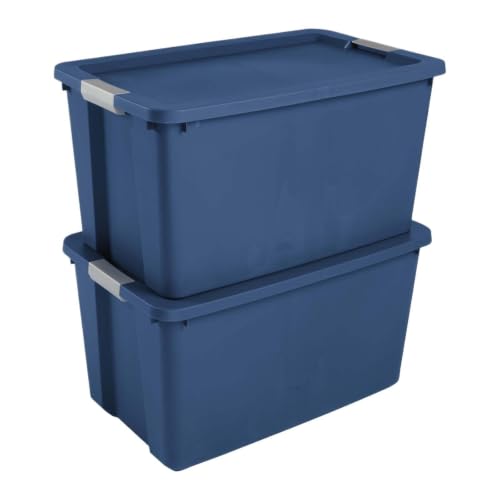 LPOMNXDF 2-Pack 34 Gallon Blue Stackable Plastic Storage Bins, Extra-Large Capacity Totes With Secure Latching Lid & In-Molded Handles, Heavy-Duty Containers For Home, Dorm, Garage And Basement