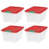 LPOMNXDF 4 Pack 32 Quart Clear Red Stackable Storage Bins, Plastic Modular Totes With Latching Lids & Built-in Handles, Space-Saving Containers For Holiday, Household And Office