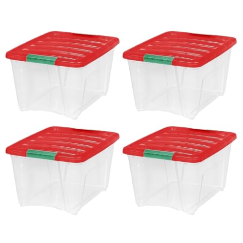 LPOMNXDF 4 Pack 32 Quart Clear Red Stackable Storage Bins, Plastic Modular Totes With Latching Lids & Built-in Handles, Space-Saving Containers For Holiday, Household And Office