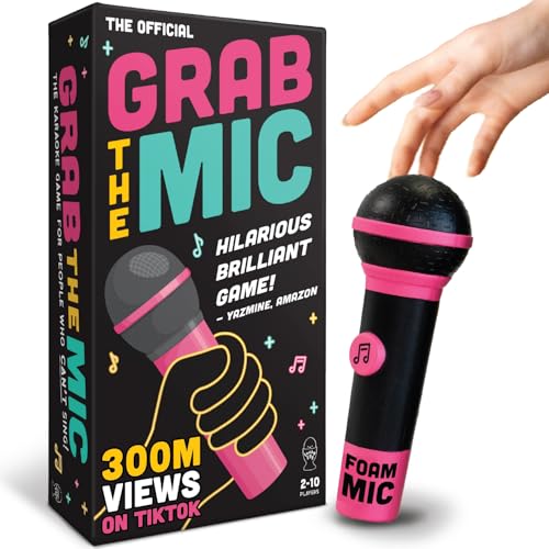 Lucky Egg Official Grab The Mic – Family Karaoke Board Game w/Foam Mic, 8+ Ages, 2-10 Players - Games for Bad Singers w/ 230 Lyrics (115 Cards)