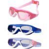LUMINFLY 3 Pair Swim Goggles for Boys and Girls, Waterproof Anti-Fog Swimming Goggles, Wide Clear View Lenses, PC Material, Pink, Dark Blue, Violet, with Earplugs and Case for Pool and Training