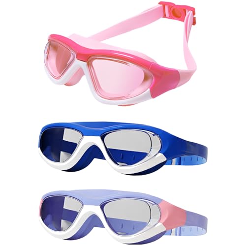 LUMINFLY 3 Pair Swim Goggles for Boys and Girls, Waterproof Anti-Fog Swimming Goggles, Wide Clear View Lenses, PC Material, Pink, Dark Blue, Violet, with Earplugs and Case for Pool and Training