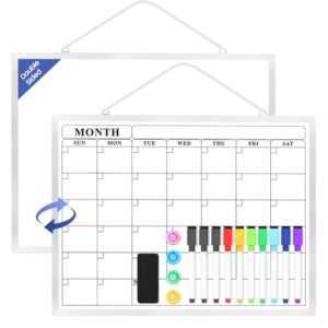 Lumspax Monthly Calendar Dry Erase Board for Wall, 16"x12" Double-Sided Magnetic Calendar White Board with Hooks, Silver Aluminum Alloy Frame Hanging Whiteboard for Office, Home, School