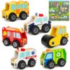 Luneetya 6 Pcs Wooden Push and Go Car Toys for Toddlers Kids Vehicle Playset with Matching Themed Map Wooden Early Learning Play Cars Trucks for Boys and Girls Ages 1-3