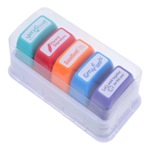 Lurrose Teacher Stamps 5pcs Plastic with Motivational English Messages Self-Inking Rectangular Stamp for Classroom Grading for Student Assignments and Grading Papers, for Elementary