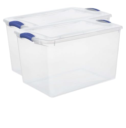 LUYKNZCH 2-Pack 66 Quart Clear Plastic Storage Bins With Blue Latch Lids, Stackable Indexed Lid Large Organizer Boxes, See-Through Containers For Bulky Clothes Blankets Sports Gear Home Closet