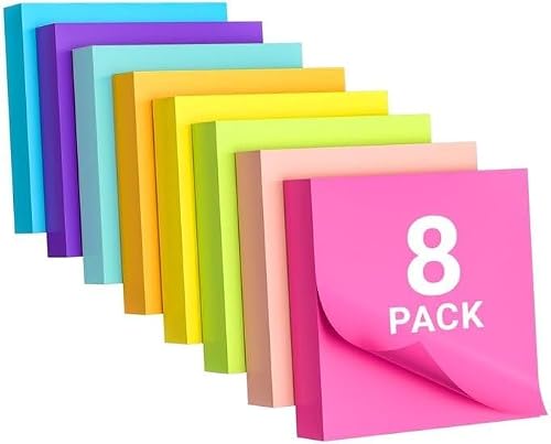 LYLHZRMDGC Sticky Notes 3x3, 8 Color Sticky Notes, Post Its, Removable Self-Stick Notes for Office, School, Home, Notebook, Send Goods from Local Warehouse, 100 Pads/Pack (1)