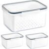 Machify 3 Pcs Fruit Storage Containers for Fridge, Transparent Plastic Food Storage Box with Leak Proof Removable Colander, Airtight 4 Buckle Lids for Berries and Vegetables, Small, Medium, Large