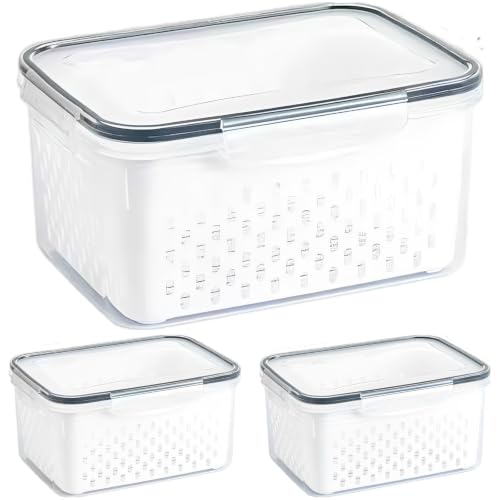 Machify 3 Pcs Fruit Storage Containers for Fridge, Transparent Plastic Food Storage Box with Leak Proof Removable Colander, Airtight 4 Buckle Lids for Berries and Vegetables, Small, Medium, Large