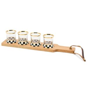 MACKENZIE-CHILDS Flight Board, Cute Shot Glasses and Wooden Board for Drinking or Decor, Black-and-White Courtly Check