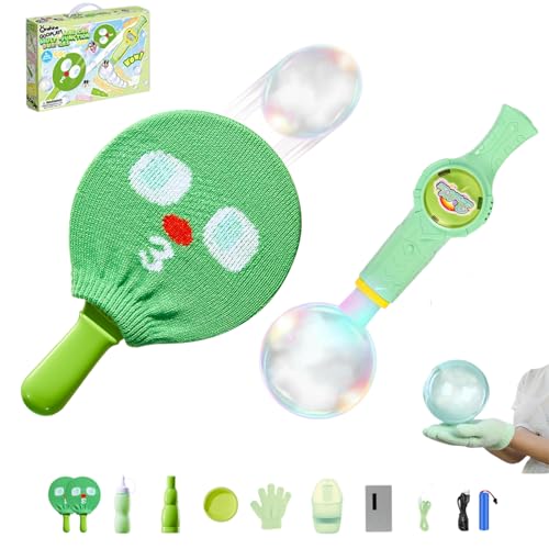 Magical Smoke Bubble Machine Kit for Kids - Elastic Bouncy Bubbles with Knitted Rackets & Gloves, 10-in-1 Fog Bubble Wand with Lights & Music, Rechargeable Sensory Gift for Boys Girls Age 3+ (Green)