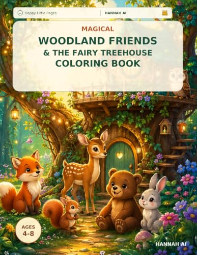 MAGICAL WOODLAND FRIENDS & THE FAIRY TREEHOUSE COLORING BOOK: Subtitle: Cute Forest Animals, Enchanted Nature Scenes & Cozy Treehouse Adventure: Relaxing Coloring Pages for Kids Ages 4-8