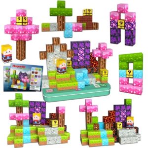 Magnetic Blocks Minecraft-Style Magnetic Building Blocks Cubes - 60PCS Tin Box Travel Magnet Toys Set STEM Educational for Kids Ages 3 4 5 6 7 8 9 10 11 12 Year Old Boys Girls Gifts birthday christmas