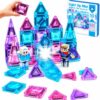 Magnetic Tiles 50pcs Light Up Ice Castle Travel Magnetic Tiles with 2 Magnetic Action Figures Playset, Magnet Tiles Set in Storage Tin Box, STEM Toy Gift for Kids Ages 4-8
