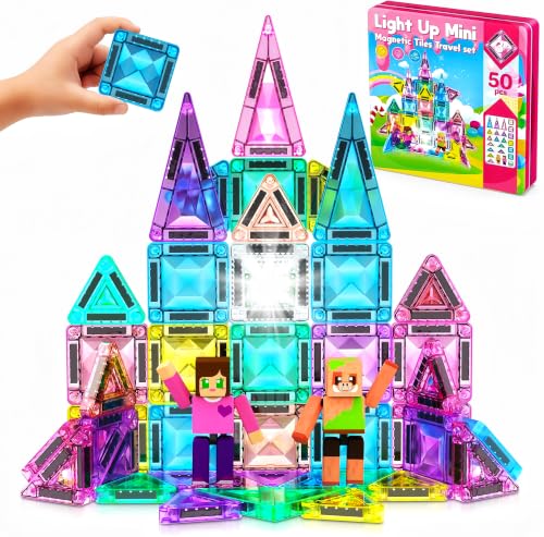 Magnetic Tiles 50pcs Light Up Travel Magnetic Tiles with 2 Magnetic Action Figures Playset, Magnet Tiles Set in Storage Tin Box, STEM Toy Gift for Kids Ages 4-8