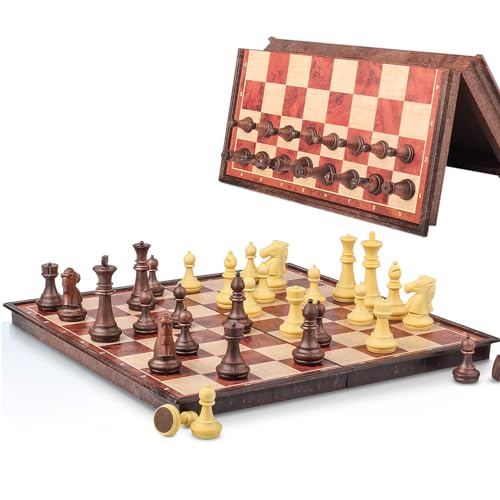 Magnetic Travel Chess Set with Storage Box - Folding Wooden-Style Chess Board, 8" Portable Pocket Mini Game for Adults & Kids, Gifts for Men Women (7.8IN)