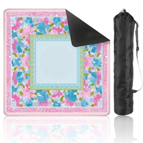 Mahjong Mat 31.5" x 31.5" Floral Pink Blue Watercolor Geometric Border Design Non-Slip Noise Reduction Mahjong Tiles Table Cover for Dominoes Poker Card Board and Tile Games