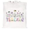 Mahrokh Floral Teacher Tote Bag, White Canvas Handbag Gift for Women
