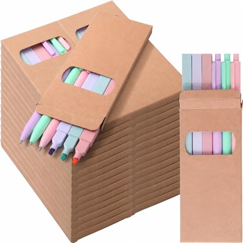 Maitys 180 Pcs Pastel No Bleed Highlighters Bulk Set, 30 Kraft Boxes with Highlighters Ballpoint Pens, Back to School Gifts Teacher Gifts Bulk for Classroom Office Church