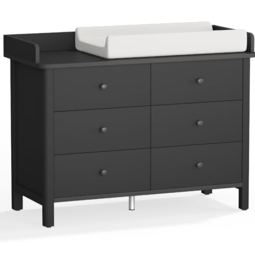 MAMAZING Keeva 6-Drawer Dresser with Changing Pad, Safety Anti-Tip Structure & Adjustable Feet, Wood Dressers with Wipeable Surface, Black Dresser for Bedroom, Kids & Nursery Storage Chest