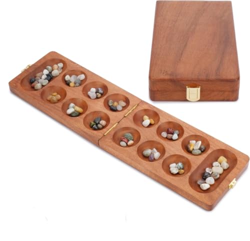 Mancala Board Game with Real Natural Stones – Folding Wooden Travel Set | Solid Beech Wood | 80 Unique Stones (48 + 32 Extra) | Classic Strategy Game for Kids & Adults (9.5 Inch)