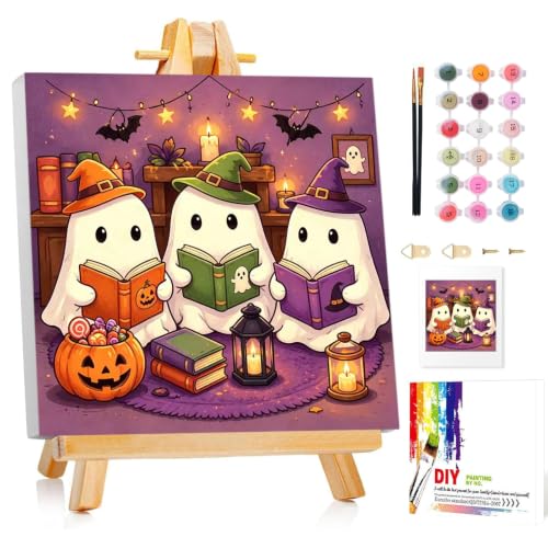 Mandun Halloween Paint by Numbers Kit for Kids with Frame, Cat Paint by Numbers for Kids Ages 4-8-12, DIY Cow Acrylic Oil Painting for Home Wall Art Decor Gift 7.8x7.8 inch (with Frame Easel)