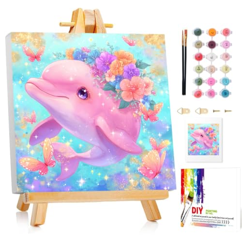 Mandun Paint by Numbers Kit for Kids with Frame, Dolphin Paint by Numbers for Kids Ages 4-8-12, DIY Cow Acrylic Oil Painting for Home Wall Art Decor Gift 7.8x7.15 inch (with Frame Easel)