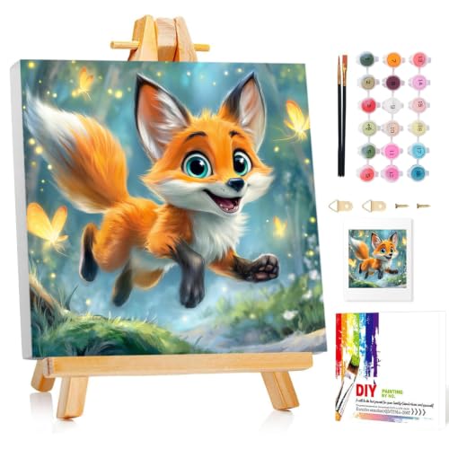 Mandun Paint by Numbers Kit for Kids with Frame, Fox Paint by Numbers for Kids Ages 4-8-12, DIY Cow Acrylic Oil Painting for Home Wall Art Decor Gift 7.8x7.12 inch (with Frame Easel)