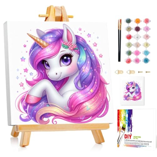 Mandun Paint by Numbers Kit for Kids with Frame, Unicorn Paint by Numbers for Kids Ages 4-8-12, DIY Cow Acrylic Oil Painting for Home Wall Art Decor Gift 7.8x7.16 inch (with Frame Easel)