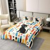 Manfei Black Cat Duvet Cover Set Full Size 100% Cotton,Geometric Star Dot Square Kids Bedding Set,Retro Abstract Room Decor,Multicolor Quilt Cover,2 Pillowcases(No Filler)