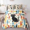 Manfei Black Cat Full Size Comforter,Geometric Star Dot Square Bedding Set 7 Piece,Retro Abstract Decor for Boys Girls,Multicolor(Fitted+Sheet+2 Pillowcases+2 Throw Pillow Covers)