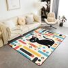 Manfei Black Cat Kids Area Rug,Geometric Star Dot Square Indoor Floor Mat Entrance Rug for Girls Boys,Retro Abstract Non Slip Rug,Multicolor Couch Living Room Decor,5'x6'6''