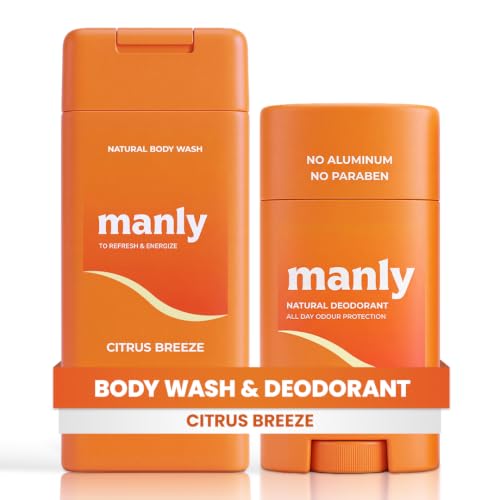 Manly Natural Body Wash and Aluminum-Free Deodorant Set Citrus Breeze– Essential Routine for Men and Teen Boys | Sulfate-Free, Hormone Safe, Plant-Based | 2-Piece Daily Hygiene Kit