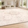 Mapleyard 10x10 Washable Area Rug: Large Square Vintage Distressed Medallion Rugs, Non-Slip Soft Boho Floral Rug Carpet for Living Room Bedroom & Dining Room Under Table, Beige