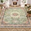 Mapleyard 10x10 Washable Area Rug: Large Square Vintage Distressed Medallion Rugs, Non-Slip Soft Boho Floral Rug Carpet for Living Room Bedroom & Dining Room Under Table, Terracotta Burnt & Green