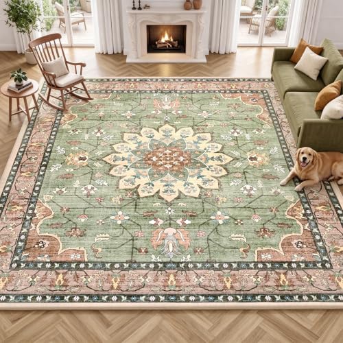 Mapleyard 10x10 Washable Area Rug: Large Square Vintage Distressed Medallion Rugs, Non-Slip Soft Boho Floral Rug Carpet for Living Room Bedroom & Dining Room Under Table, Terracotta Burnt & Green