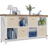 Mapleyard 8 Cube Storage Organizer with 4 Beige Fabric Bins, 49" W Farmhouse Cubby Bookshelf, Low TV Stand Fit 24"-55" TV, Open Display Shelf for Closet Bedroom Living Room Nursery, White & Walnut