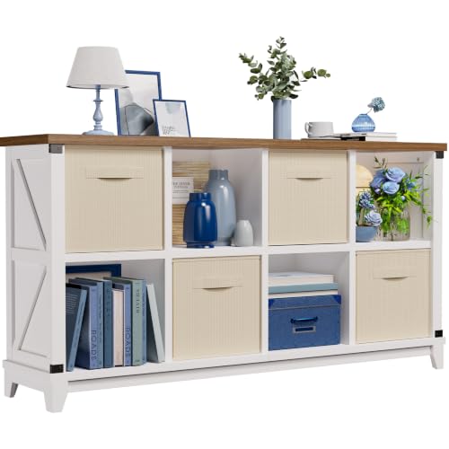 Mapleyard 8 Cube Storage Organizer with 4 Beige Fabric Bins, 49" W Farmhouse Cubby Bookshelf, Low TV Stand Fit 24"-55" TV, Open Display Shelf for Closet Bedroom Living Room Nursery, White & Walnut