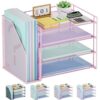 Marbrasse 4-Tier Paper Tray Organizer with File Holder, Pink