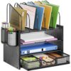 Marbrasse Desk Organizer with Drawer, 4-Tier Wooden File Organizer with 5 Vertical File Holders and 2 Pen Holders, Desk Organizers and Accessories for Home Office - Black