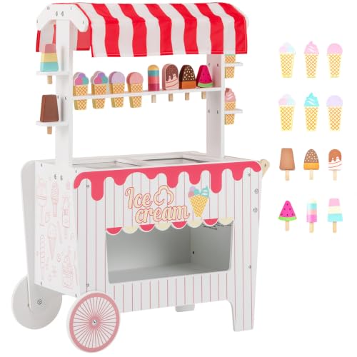 MAT EXPERT Ice Cream Cart for Kids, Wooden Grocery Store Playset w/12 PCs Play Accessories & Display Rack, Popsicle Shop Stand Food Trunk, Toddler Pretend Play Toys for Boy Girl (Red)