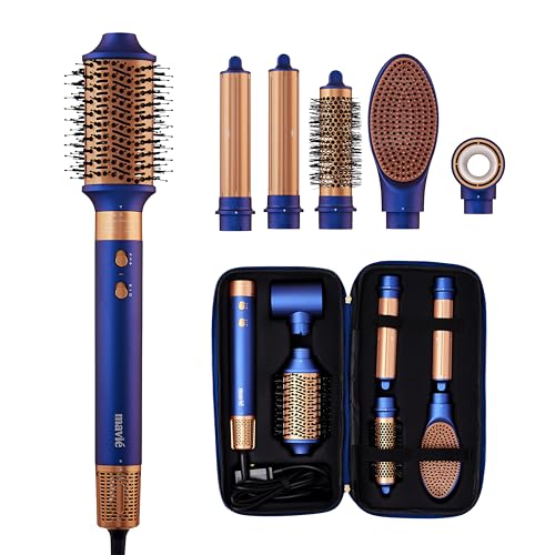 MAVIÉ 6-in-1 Hot Air Multi-Styler with Case, Hair Dryer & Blow Dryer Thermal Round Brush, Auto-Wrap Curler & Straightener, Fast Drying & Negative Ion Styling for Smooth Frizz-Free Blowouts (Blue Noir)
