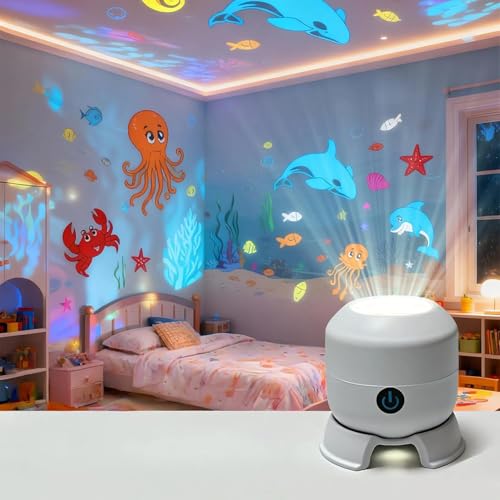 Mavqiorx Dynamic Rotating LED Projector Light, USB Rechargeable LED Light Projector, Snowflake/Christmas/Ocean 3 Scene Options, Adjustable Brightness, Unique Base Design (Ocean, Charging)